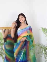 organza saree green multi colour - GillKart