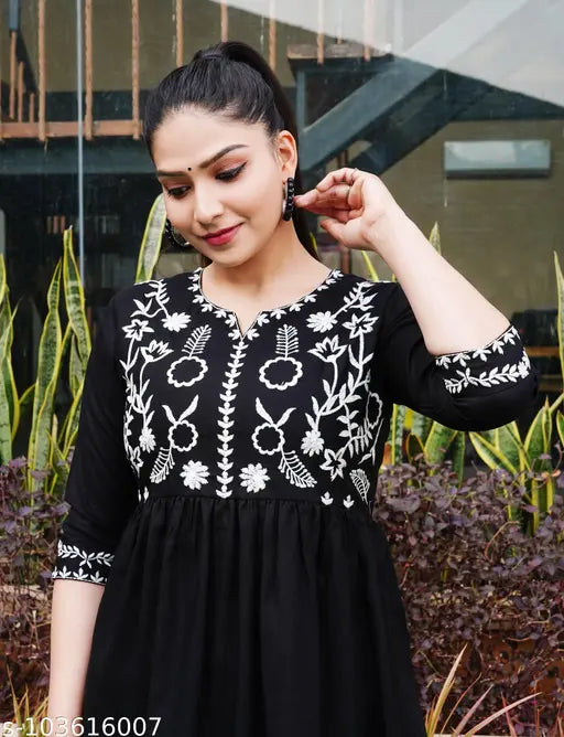 Women Fit and Flare Black Short Kurti