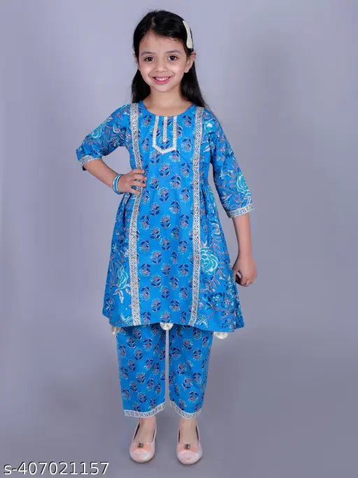 FabJunior Girls Blue Cotton Floral Print Anarkali/Flared Kurta & Pant Set