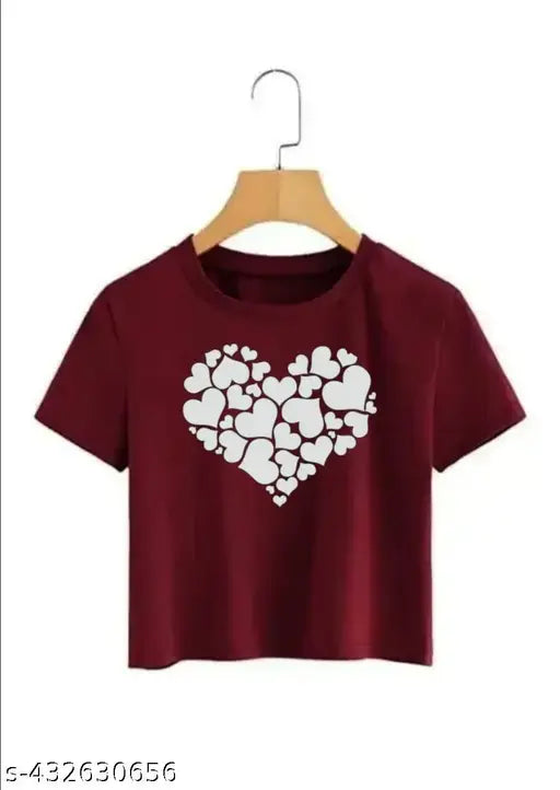 Mahroon Crop T-Shirt & Top For Women & Girls More Heart Printed