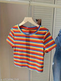 Crop Short Sleeve Stripe Print T-Shirt For Spring & Summer, Girl's & Women's Clothing