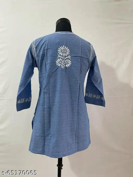 Denim Cotton Top Chikan Hand Embroidery Kurta Kurti For Women