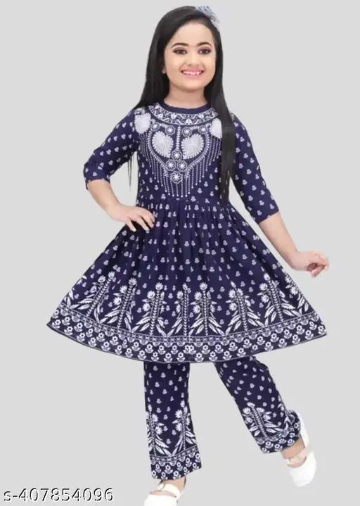 Comfortable Party/Festive Wear Three Quarter Sleeves Round Neck Cotton Blend Naira Cut Top & Bottom Set For Beautiful Kids Girls(Blue)