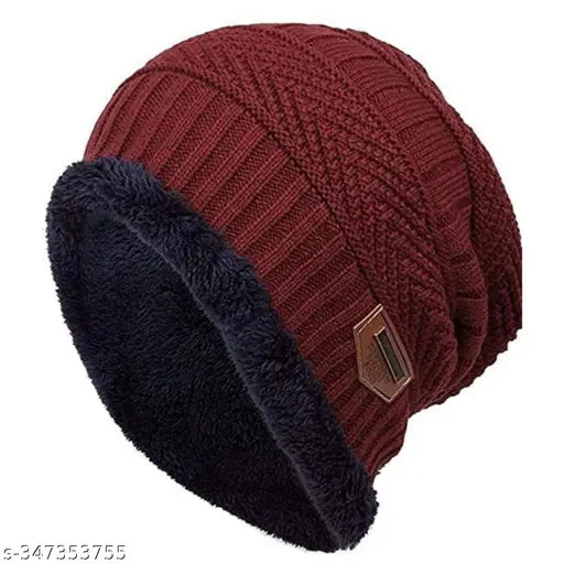 NB Unisex Winter Knit Beanie Cap Hat and Neck Warmer Scarf , THAND ME PEHN NE WALA GARAM TOPA (RED)