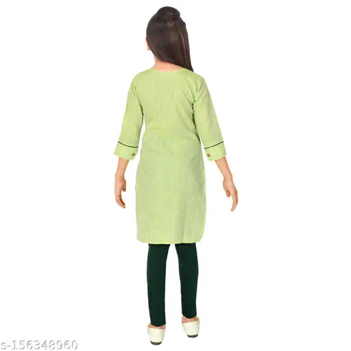 Sevgi Girl's Chanderi Cotton Blend Embroidered Kurti with Leggings Set