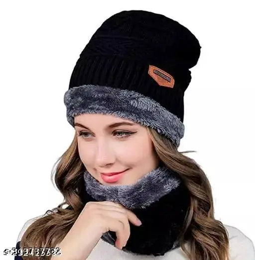 Women's Woolen Cap Inside Soft Warm Fur Knit Cap Winter Cap with neck cap (PACK OF 1)