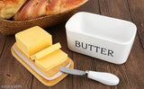 Ceramic Butter Dish with Wooden Lid, Lesige Large Butter Container Keeper Storage Plate with Steal Butter Knife, Bamboo Cover and Silicone Sealing Ring for West East Coast Butter, White