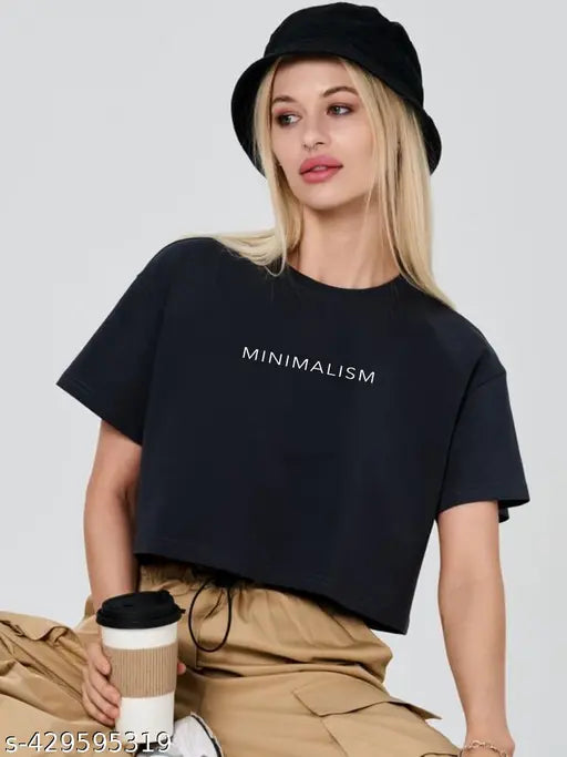 MINIMALISM-Half Sleeve Black Color Crop Tops T-Shirts Casual Round Neck Drop Down Shoulder Trendy Loose Fit Tees For Women's and Girl's