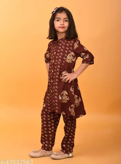 Maroon Floral Printed Kurti and pant set for girls