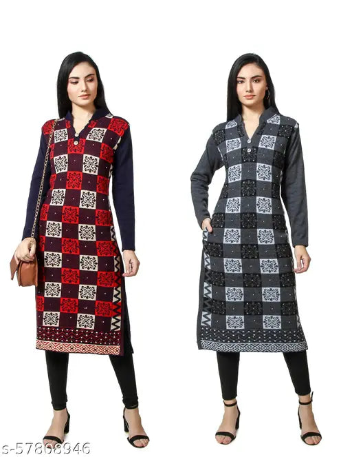 Women's Straight Printed Multicolor Woollen Kurti