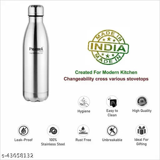 Royal Silver Single Wall Steel Fridge Water Bottle Office College School Kids 1300ml Set of 4