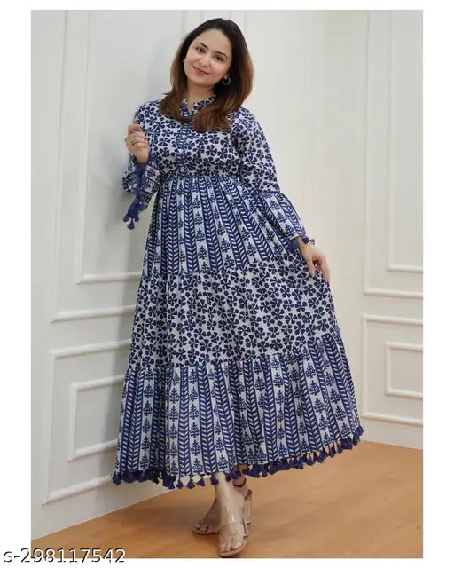 Woman Rayon Long Anarkali Mandarin Neck Dress