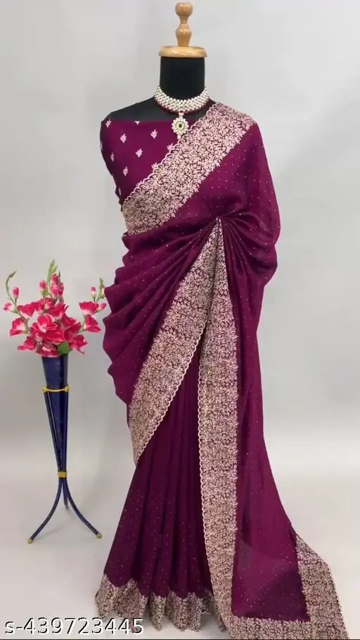 Premium Vichitra Silk Embroidered Cutwork Border Women Designer Party wear Fancy Saree with Blouse!!