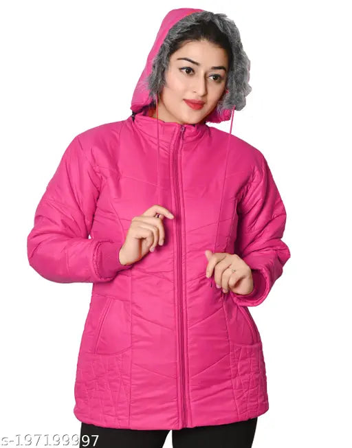 PINK color Stylish hoody warm jacket with pockets to be wear in winters for girls and women