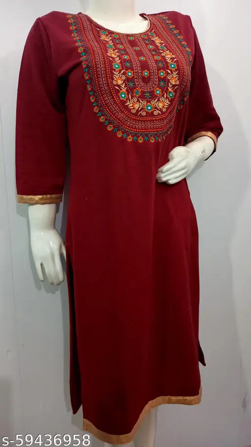 Women's A-line Embroidered Maroon Woollen Kurti