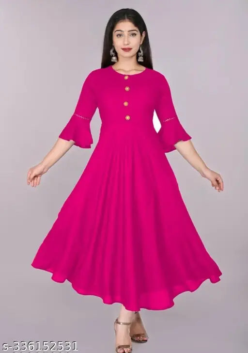 Women Casual Solid MIKE HAND Flared Rayon Kurta (Pink)