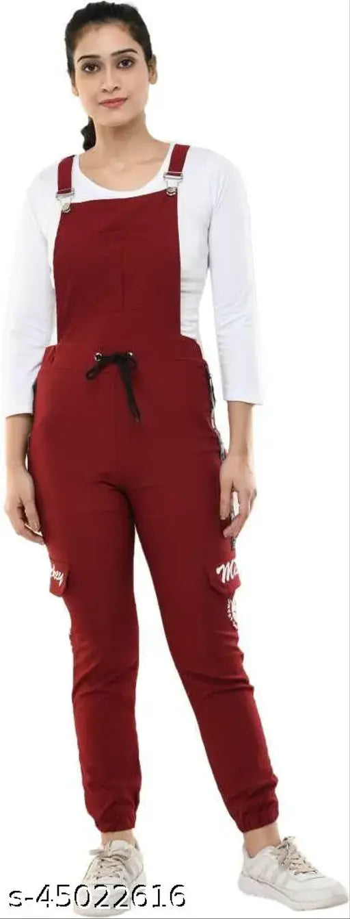 Classic Modern Comfy Latest Pretty Modern Stylish Latest Women Trending Fashionable Full Length Printed Maroon Dungaree Jumpsuits Size - S-28, M-30, L-32 & XL-34