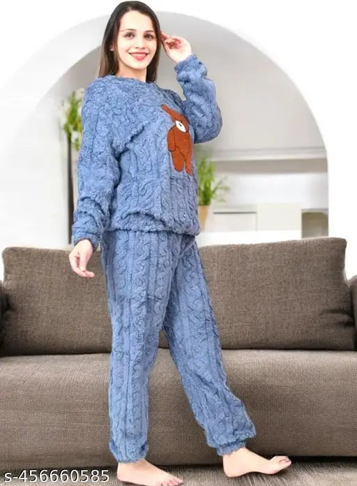 "Cute Bear Pajama Set - Women’s Cozy Blue Fleece Loungewear for Cold Nights"| Girls/Women Night Suit| Woolen| Fancy Night Suit| Blue Fleece Pajama Set |Warm Fuzzy Pajamas for Women|# Modern # Trendy # Fashionable # Winter # Night Suit # Woolen