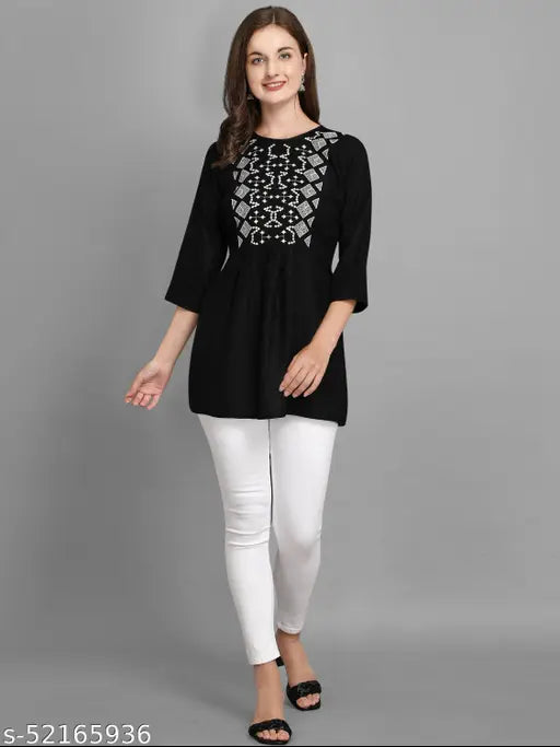 Black Embroidered Rayon Women Tops & Tunics