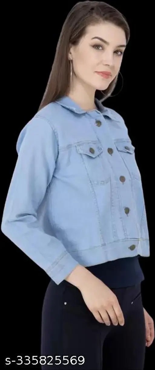 TIPKOO Womens & Girls Blue Full Sleeves Solid Denim Jacket for Casual Wear