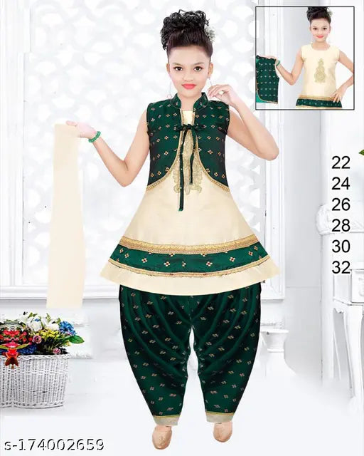 Hariyal Creation kids party/festive green designer embroidery patiala suit with dupatta for girls