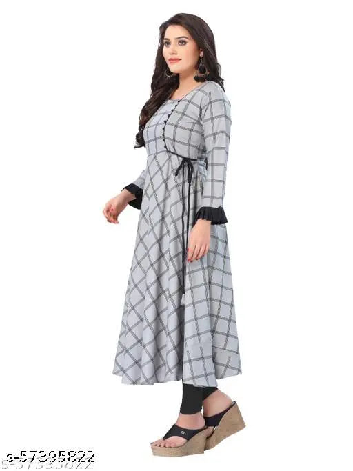 Kapadia Rayon Long Grey Checks Kurti for Festive and Formal Wear