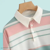 Korean Pastel Perfection: Striped Long-Sleeve Polo Collared T-shirt with Button-Up Front