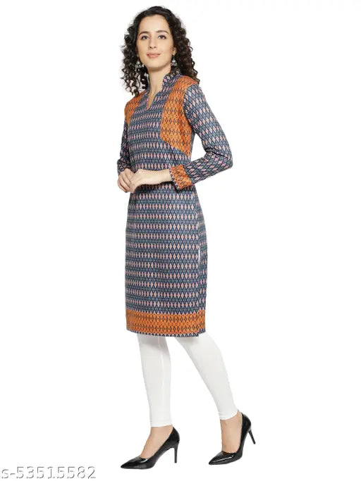 Women Traditional Winter Wear A-Line Woolen Straight Long Prinded Solid V neck Kurti Dress For Women's (Blue)