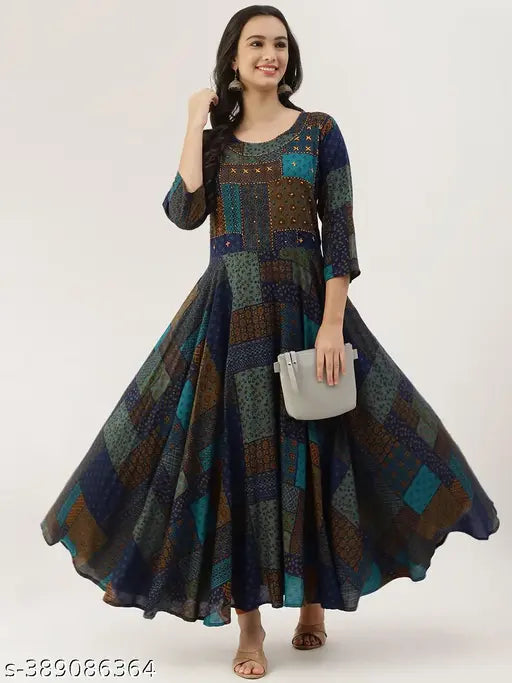 Women Printed Viscose Rayon Flared Kurta (Multicolor)