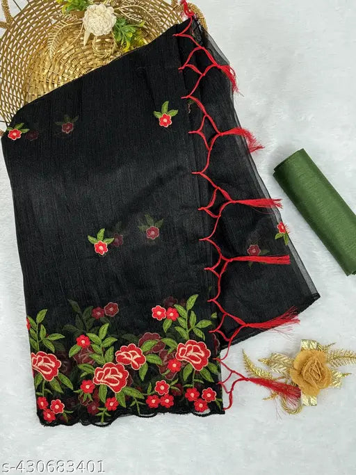 BEAUTIFUL SUPER NET FABRIC EMBROIDERY WORK SARI WITH UNSTITCH BANGLORY SILK BLOUSE