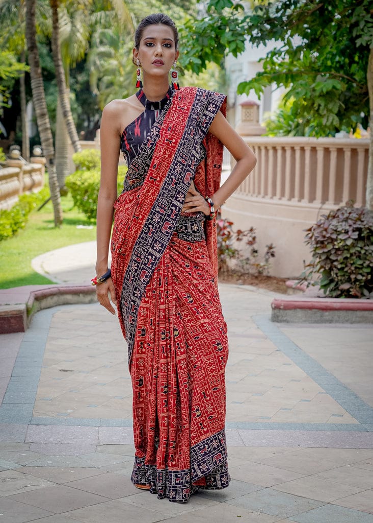 Saree Pure Mulmul Cotton Red - GillKart