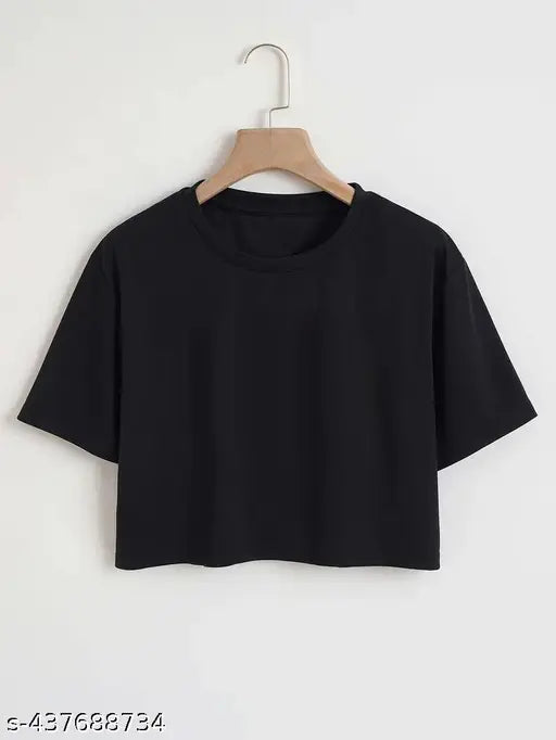 Round Neck, Poly Cotton Fabric Black Crop Top for Girls & Women