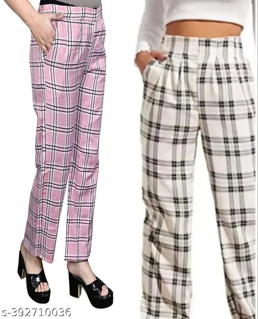 Latest Feminine Women Trouser & Pants Check Pants Check Trouser Pack of 2 Combo Pink And White