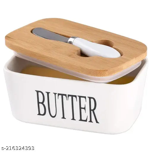 Ceramic Butter Dish with Wooden Lid, Lesige Large Butter Container Keeper Storage Plate with Steal Butter Knife, Bamboo Cover and Silicone Sealing Ring for West East Coast Butter, White