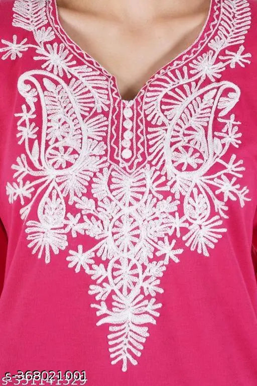 Stylish Wool Fleece Embroidered A-Line Kurta for Women | Pink Kurti | Embroidered Woolen Kurti | Winter A-Line Kurta | Party Wear Wool Kurti | Winterwear For Women |