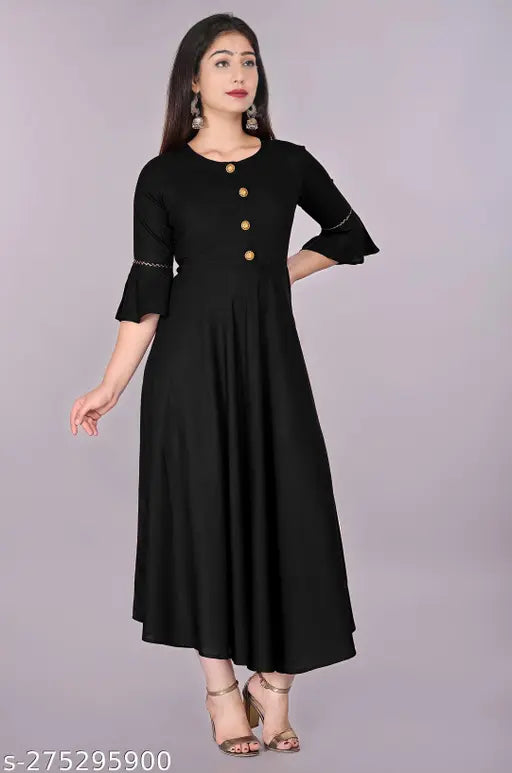 Amazing Latest Fashion Women's Solid Round Flared Bell Sleeves Kurti (Black)