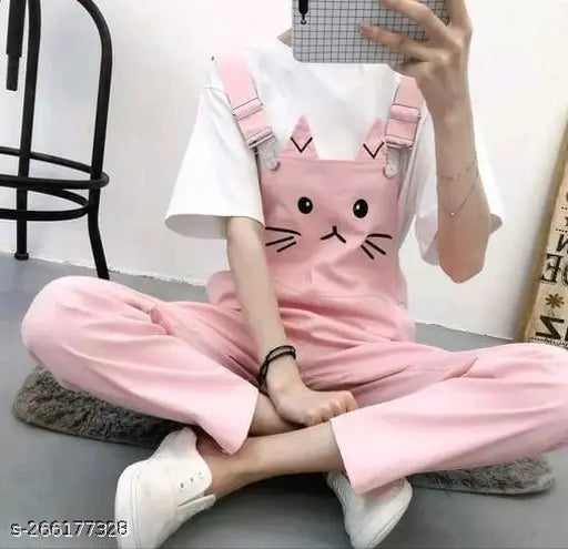 New Classic Enterprise Cotton blended Pink color cat print women regular dungaree