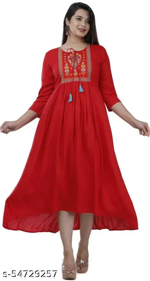 RAH RANGREZ Women' Rayon Red Embroidered Anarkali Kurta