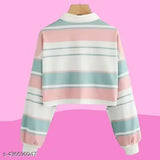 Korean Multi-color: Striped Long-Sleeve Polo Collared T-shirt with Button-Up Front