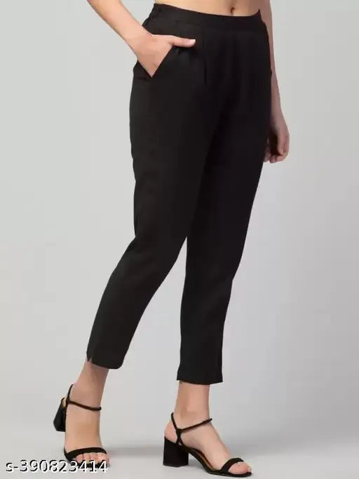 Women Regular Fit Black Cotton Blend Trousers