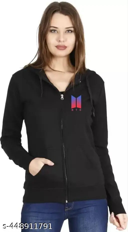 Trendy BTS Printed Zipper Closure Hoodie Sweatshirt For Girls & Women