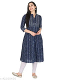 Kannahi Women's Cotton Indigo Blue Motif Print A-Line Kurta