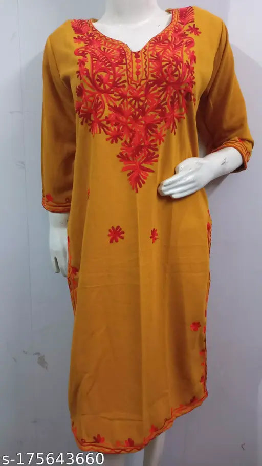 Camellias Stylish Mustard over Red Embroidered Woolen Kurti for Women