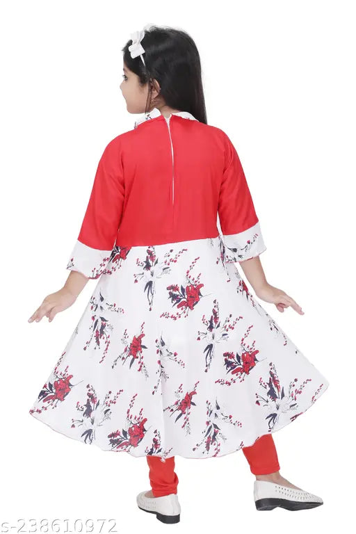 Girls Cotton Rayon Frocks & Dresses with Leggings Set - Red Color