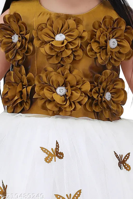 Elegant 3D Flower Designer Frock with Gold Butterfly and Floral Embellishments for Girls