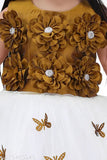 Elegant 3D Flower Designer Frock with Gold Butterfly and Floral Embellishments for Girls