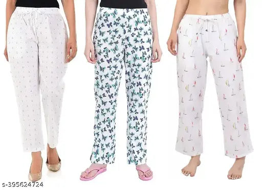 Premium Stretchable Cotton Pajama without pocket for women with multiple designs on white base you will get whatever is available Pack of 3