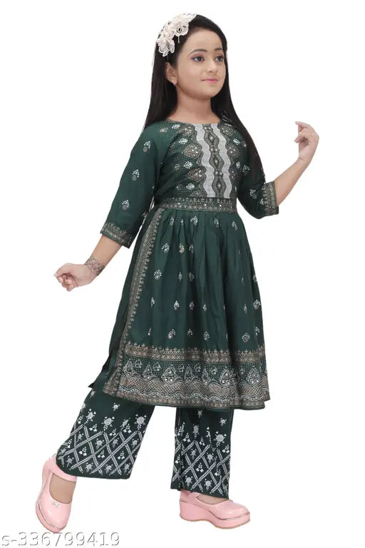 Green Color Printed Kid Girls Naira Cut Kurta set