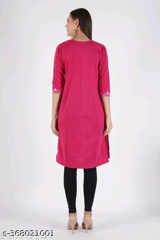 Stylish Wool Fleece Embroidered A-Line Kurta for Women | Pink Kurti | Embroidered Woolen Kurti | Winter A-Line Kurta | Party Wear Wool Kurti | Winterwear For Women |