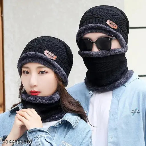 MISS8TEEN Pack OF 2 Pice Wool Unisex Beanie Cap with 2 Neck Warmer Set Snow Proof Inside Fur Knit Hat Thick Fleece Lined Winter Hat for Men & Women (Black Color)